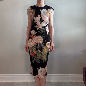 Ted Baker floral print sheath dress midi. Slit. Zip up. Size 2.